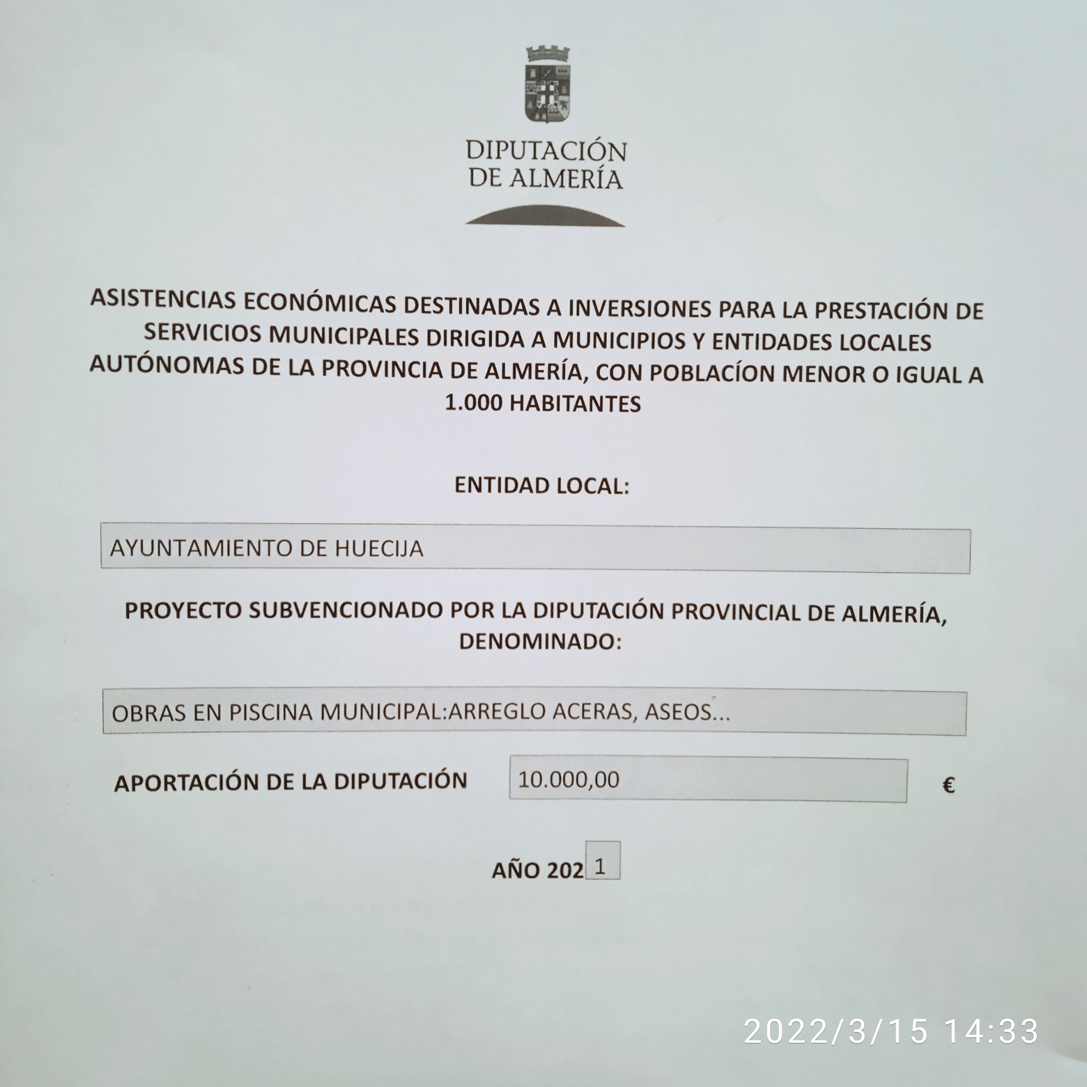 ASISTENCIA ECONOMICA DE LA EXCMA. DIPUTACION DE ALMERIA DESTINADA A INVERSIONES PARA PRESTACION DE SERVICIOS MUNICIPALES